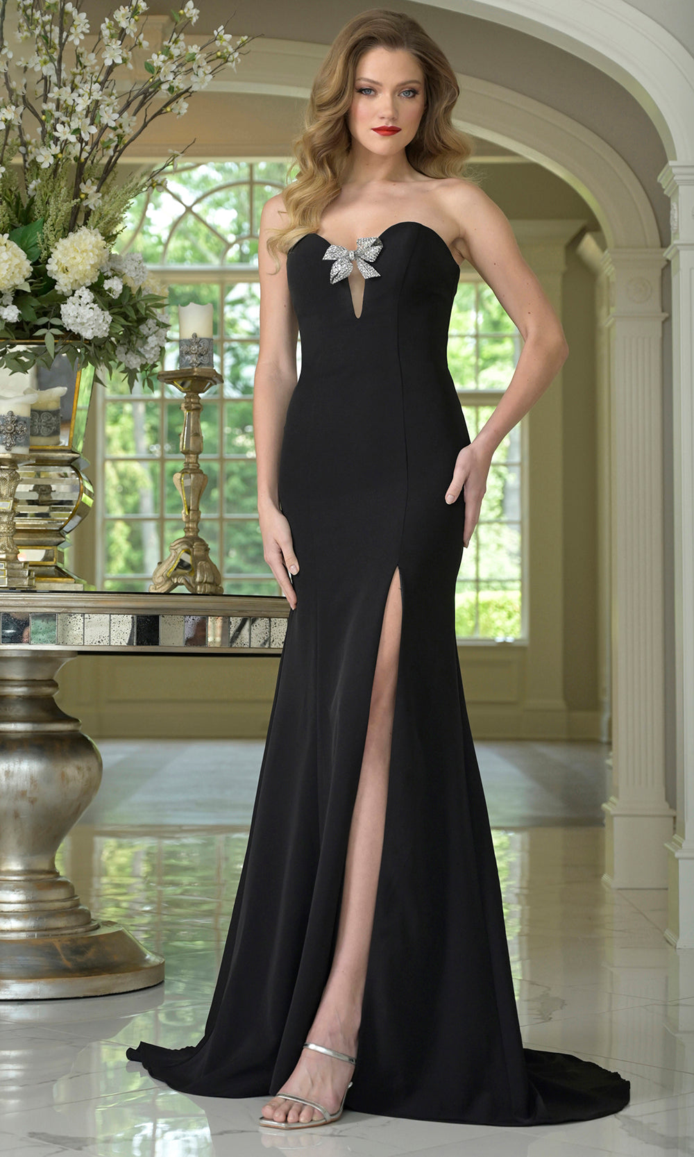 Colors Dress 3889 - Plunging Sweetheart Crepe Gown with Bows Prom Dresses