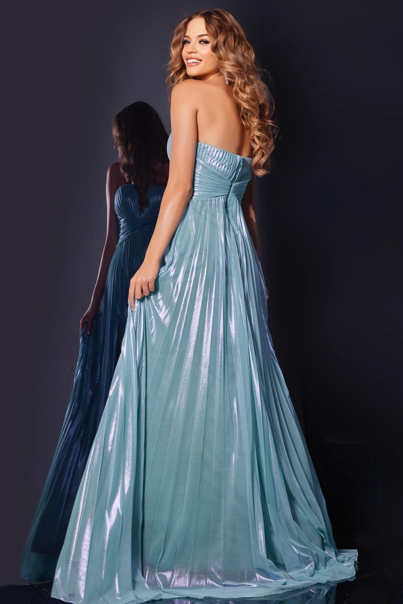 Jovani 39023 - Pleated V-Neck Prom Gown with Slit Prom Dresses in In Green