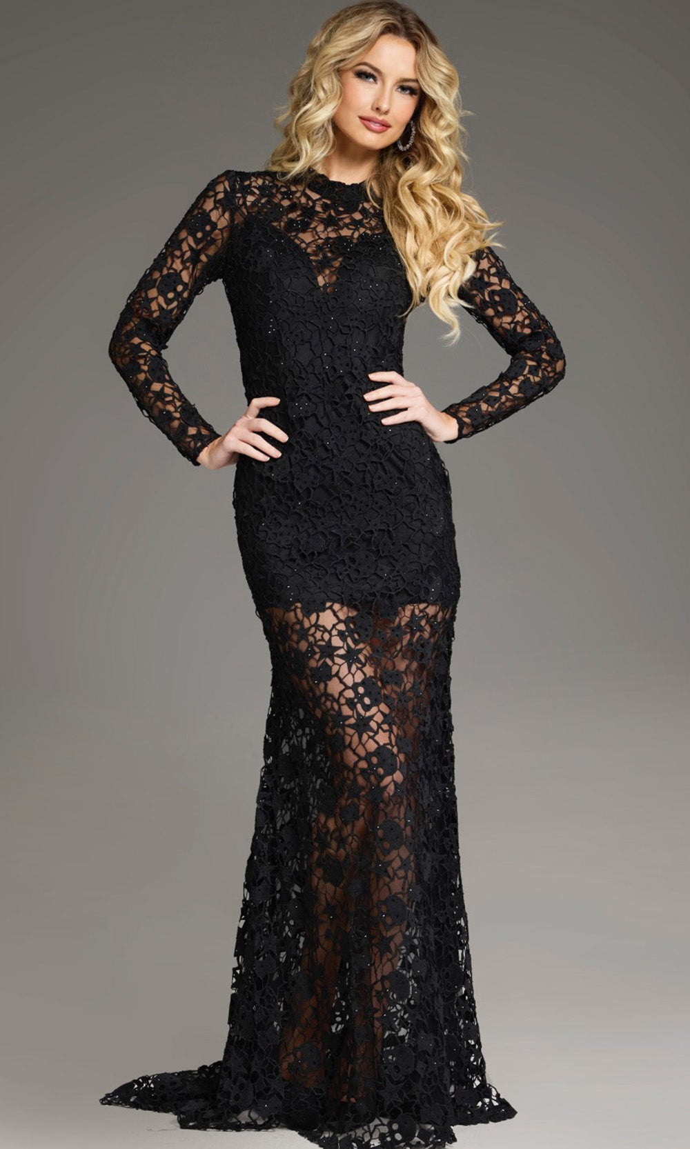 Jovani 39034 - Floral Lace Gown with High Neckline