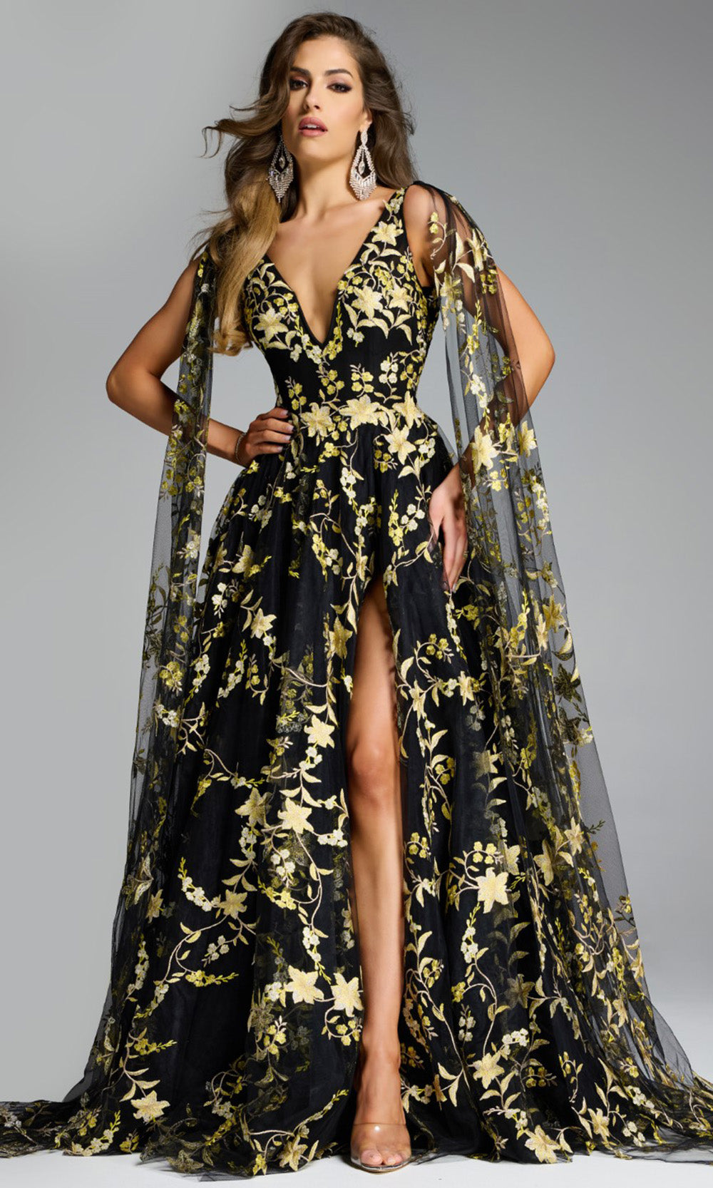 Jovani 39035 - High Slit V-Neck Floral Evening Gown Formal Gowns