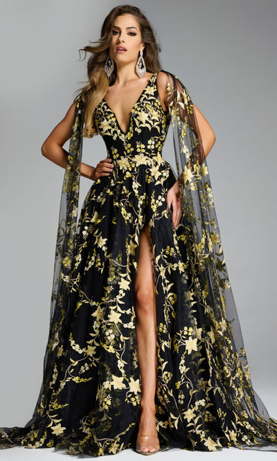 Jovani 39035 - High Slit V-Neck Floral Evening Gown Formal Gowns