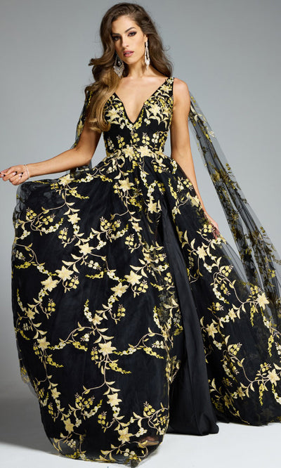Jovani 39035 - High Slit V-Neck Floral Evening Gown Formal Gowns