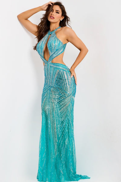 Jovani 39044 - Geometric Beaded Evening Gown with Cutouts Prom Dresses In Blue