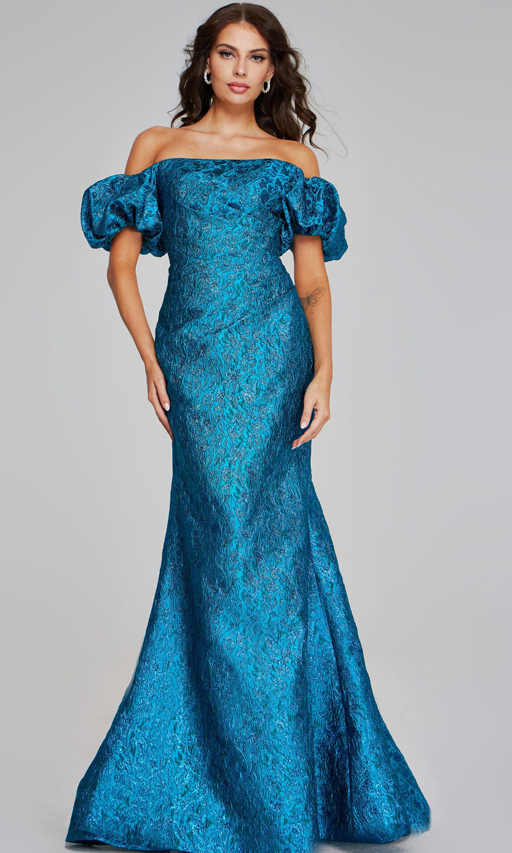 Jovani 39113 - Textured Mermaid Gown with Puff Sleeves Formal Gowns