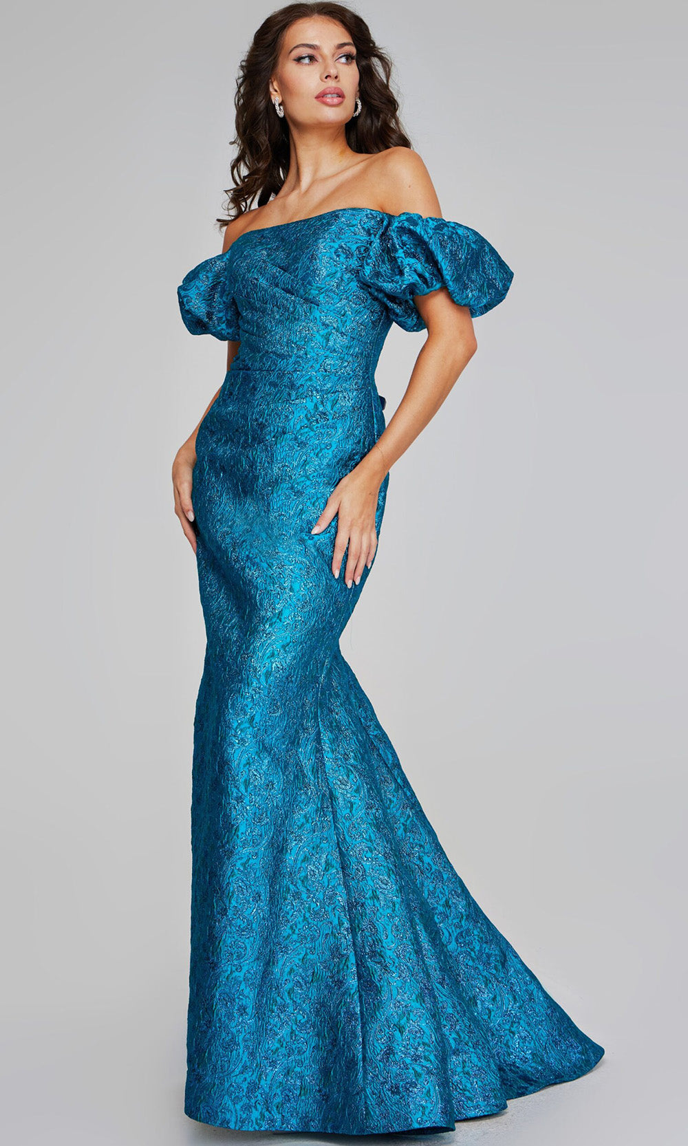 Jovani 39113 - Textured Mermaid Gown with Puff Sleeves Formal Gowns