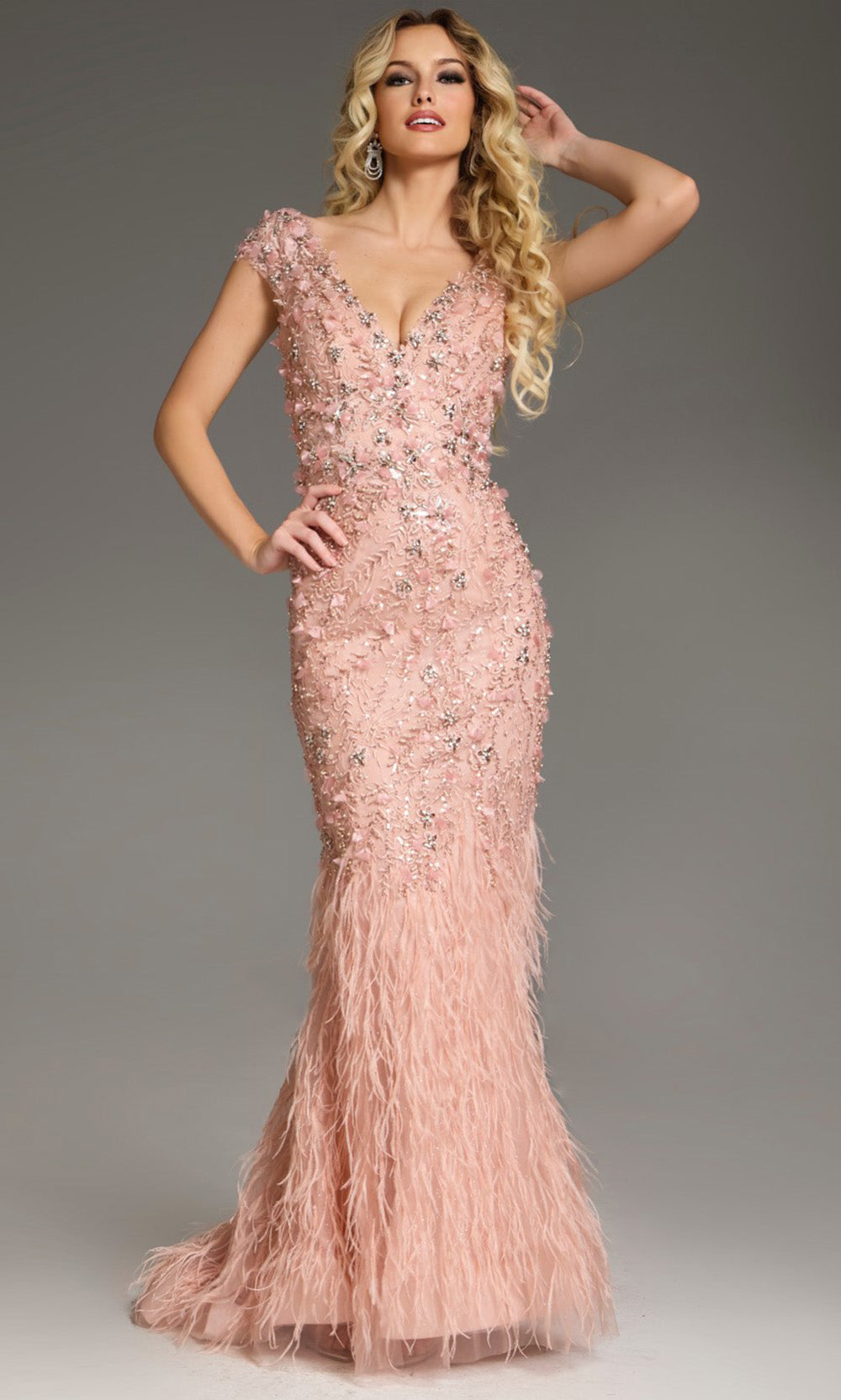 Jovani 39174 - Feathered Hem Cap Sleeve Evening Gown Formal Gowns