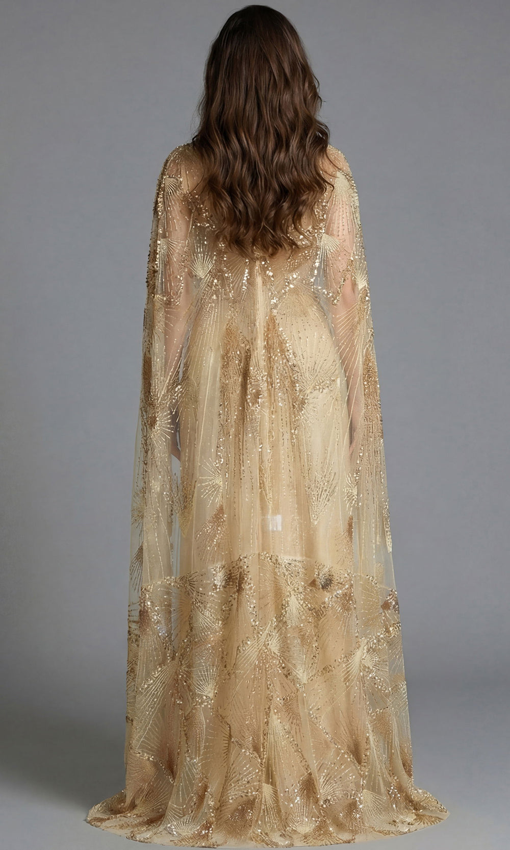 Jovani 39214 - Geometric Beaded Sweetheart Gown with Cape In Gold