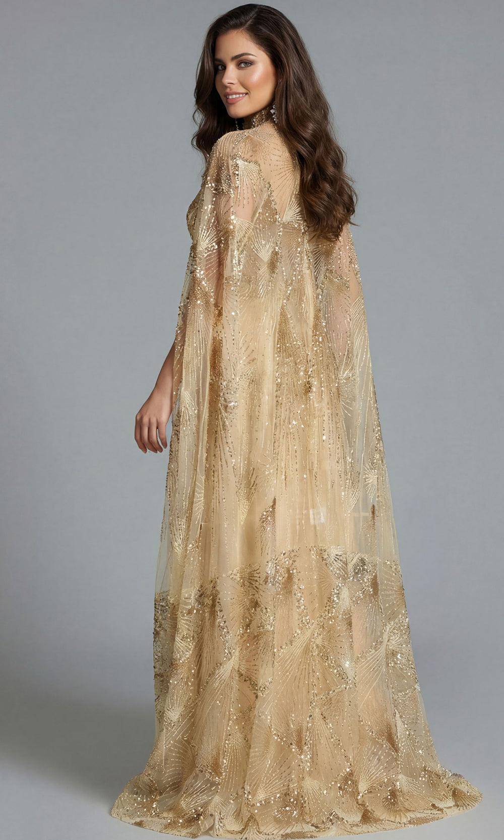 Jovani 39214 - Geometric Beaded Sweetheart Gown with Cape In Gold