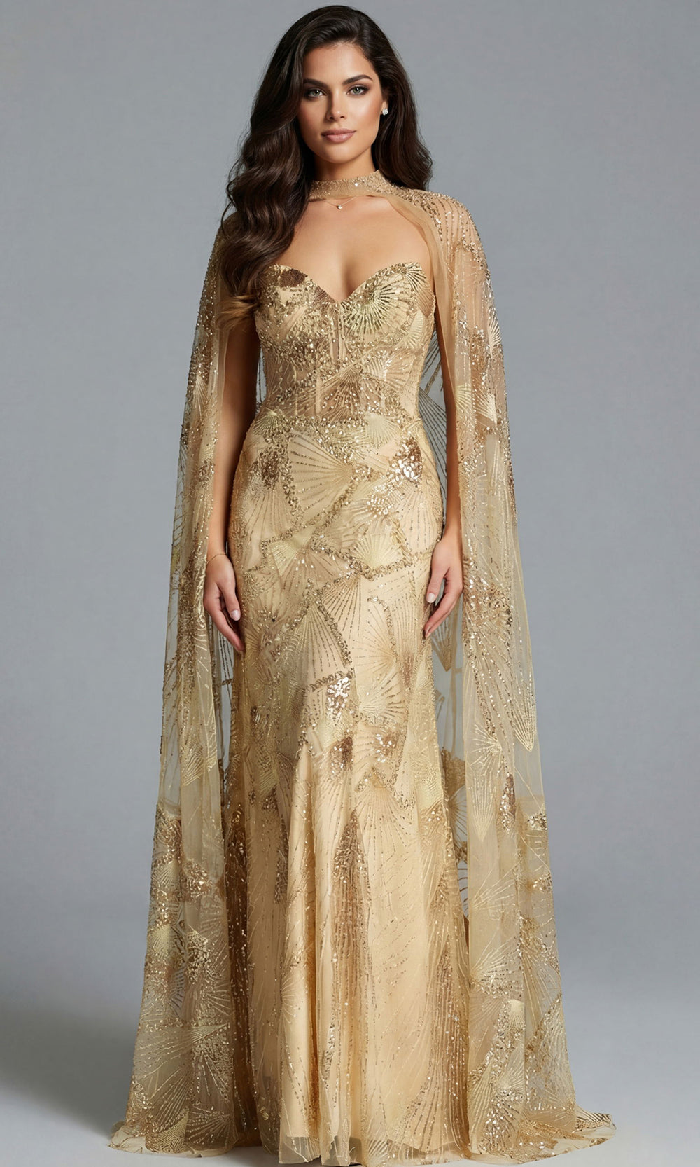 Jovani 39214 - Geometric Beaded Sweetheart Gown with Cape In Gold