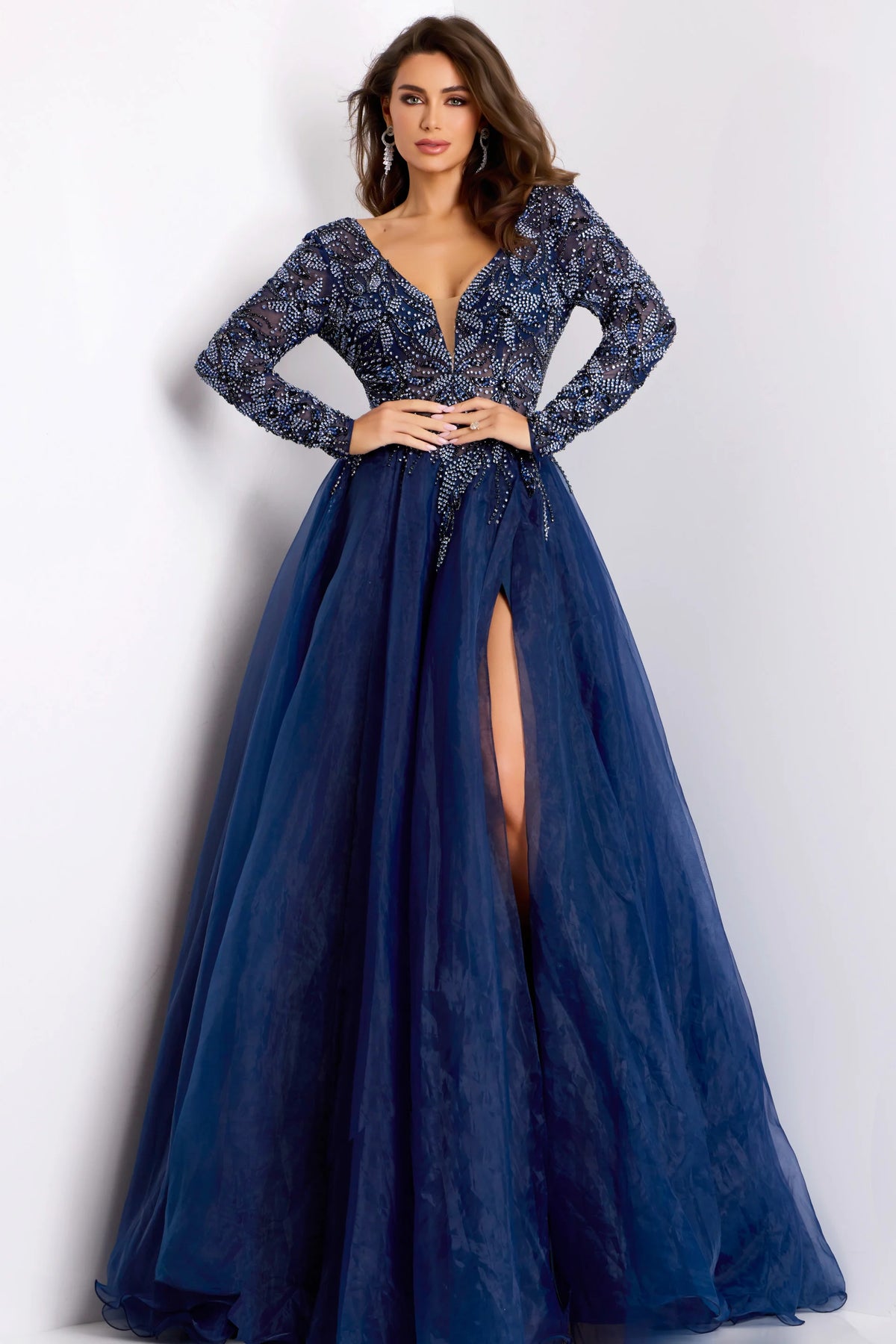 Jovani 39251 - Sheer Sleeve Beaded Evening Gown