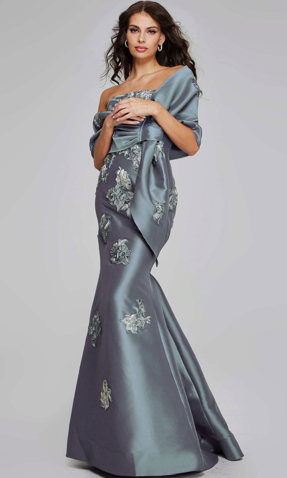 Jovani 39261 - Metallic Floral Mermaid Gown with Shawl