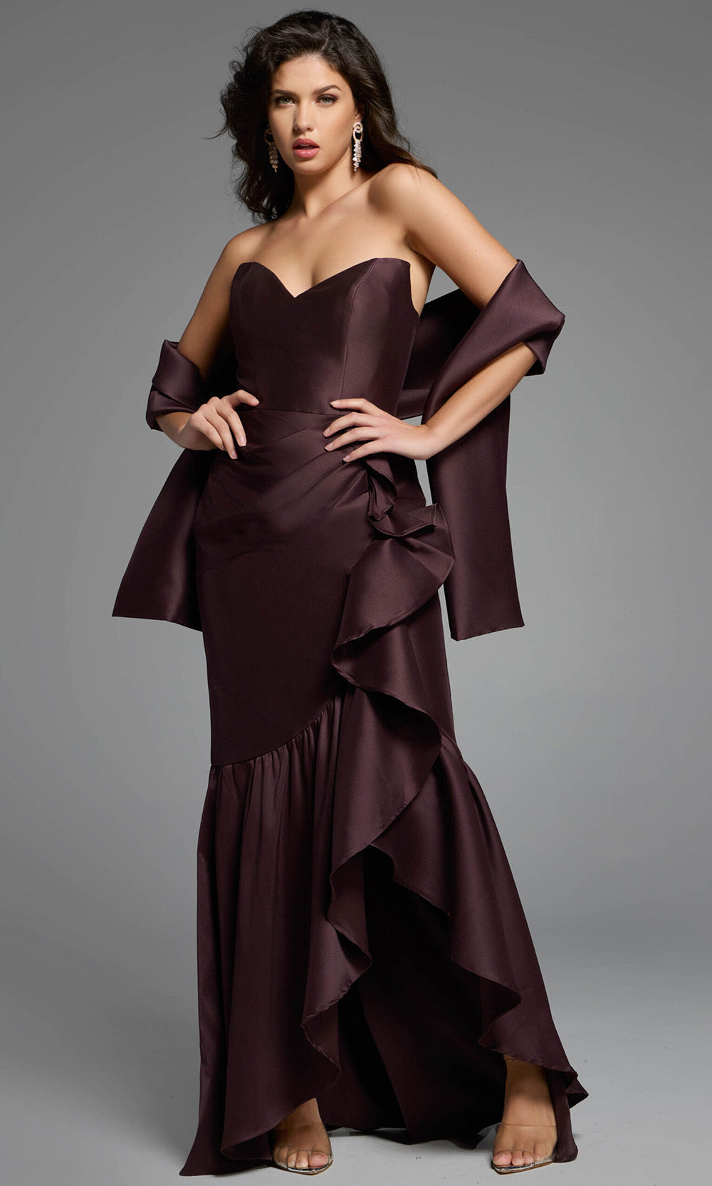 sweetheart asymmetrical dress Primavera Couture -4558 Sweetheart Neckline Gown with Asymmetrical Sequins and Beaded Design Work and Keyhole Cutout 000 / BLACKBERRY