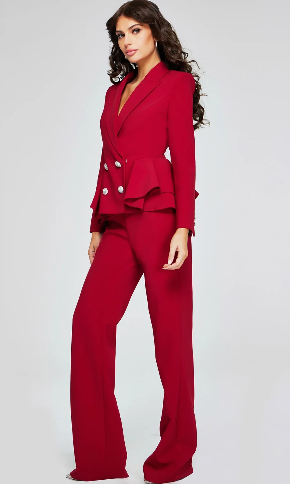 Jovani 39374 - Beaded Button Peplum Pantsuit Special Occasion Dress In CranBerry