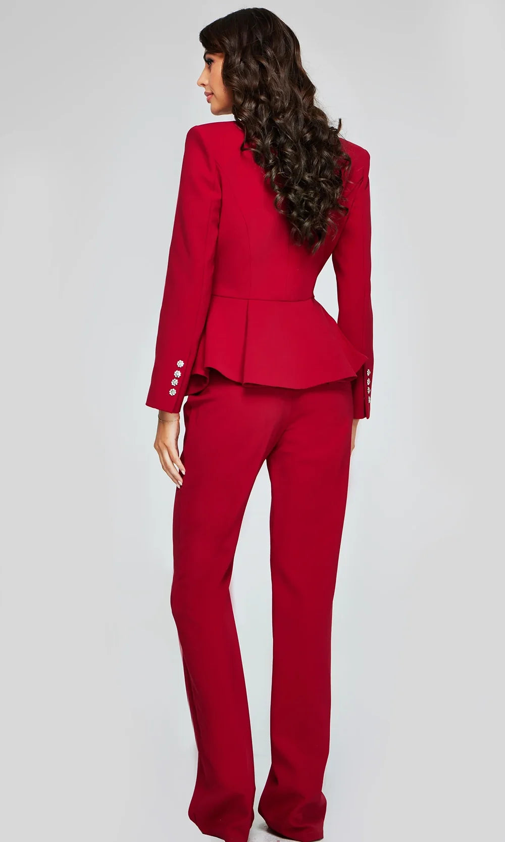 Jovani 39374 - Beaded Button Peplum Pantsuit Special Occasion Dress In CranBerry
