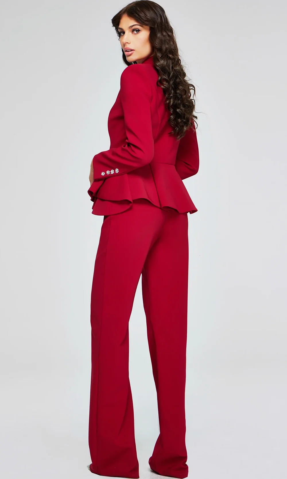 Jovani 39374 - Beaded Button Peplum Pantsuit Special Occasion Dress In CranBerry
