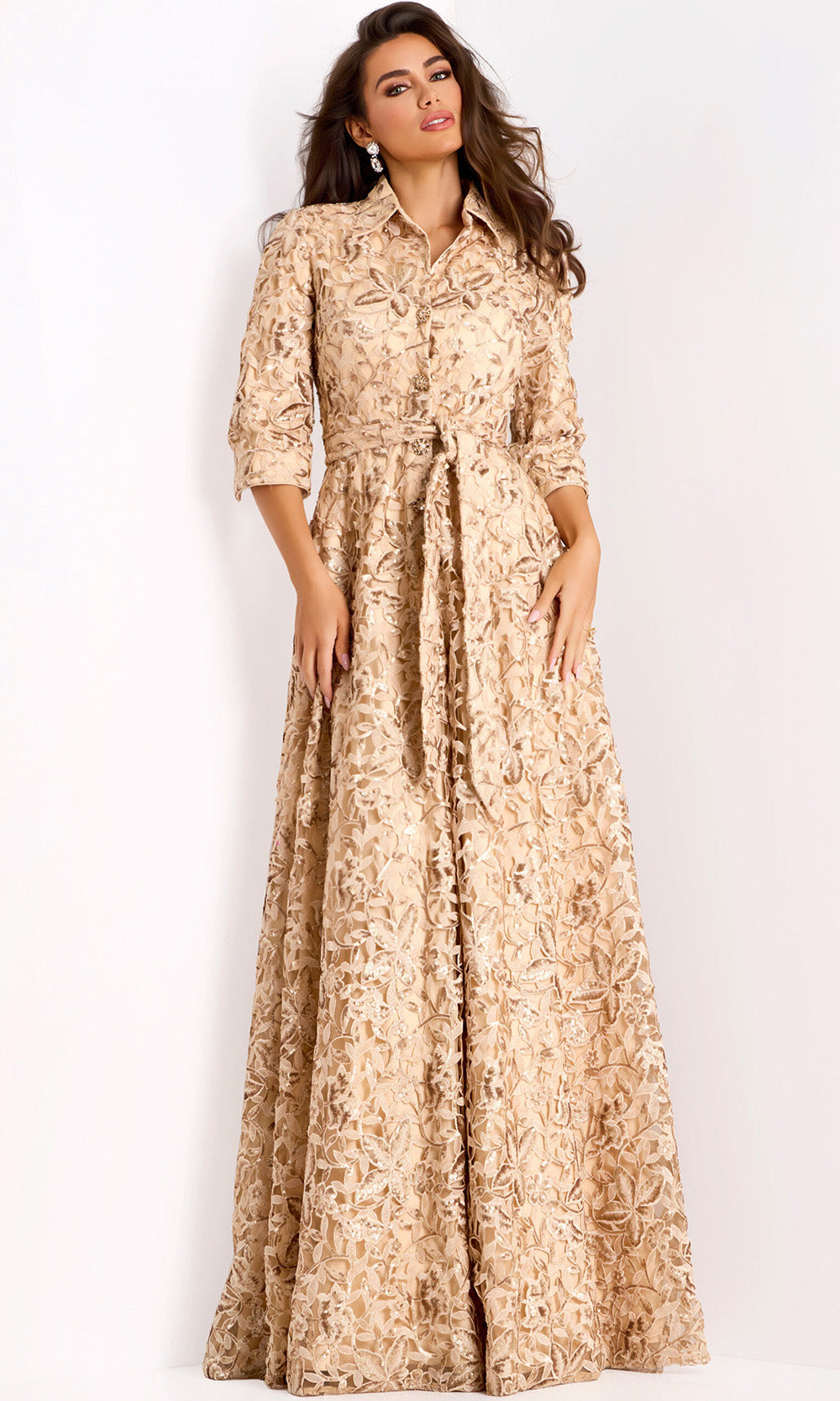 Jovani 39426 - Three-Quarter Sleeve Embroidered Gown