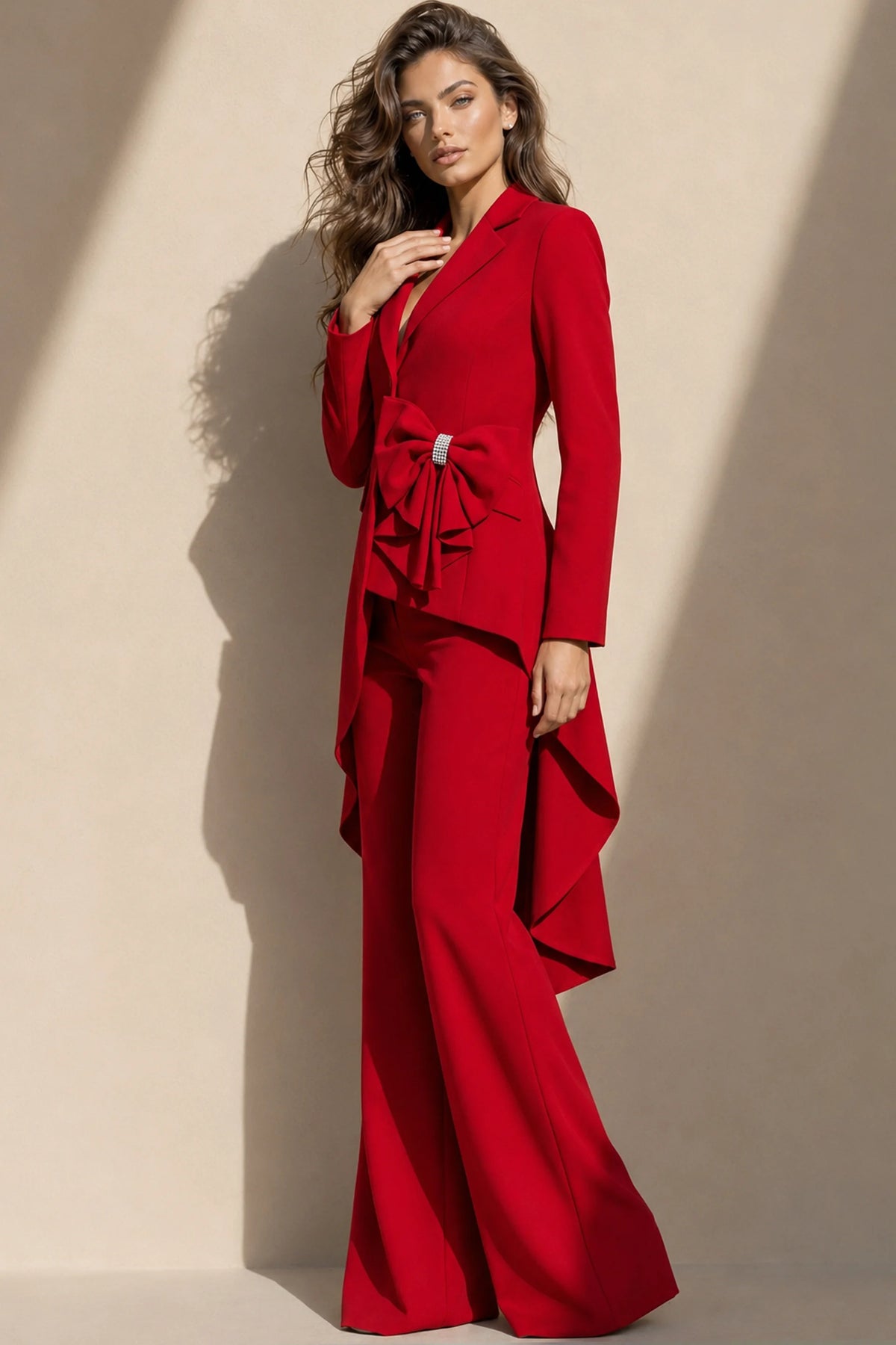 Jovani 39516 - Collared V-Neck Long Sleeve Pantsuit