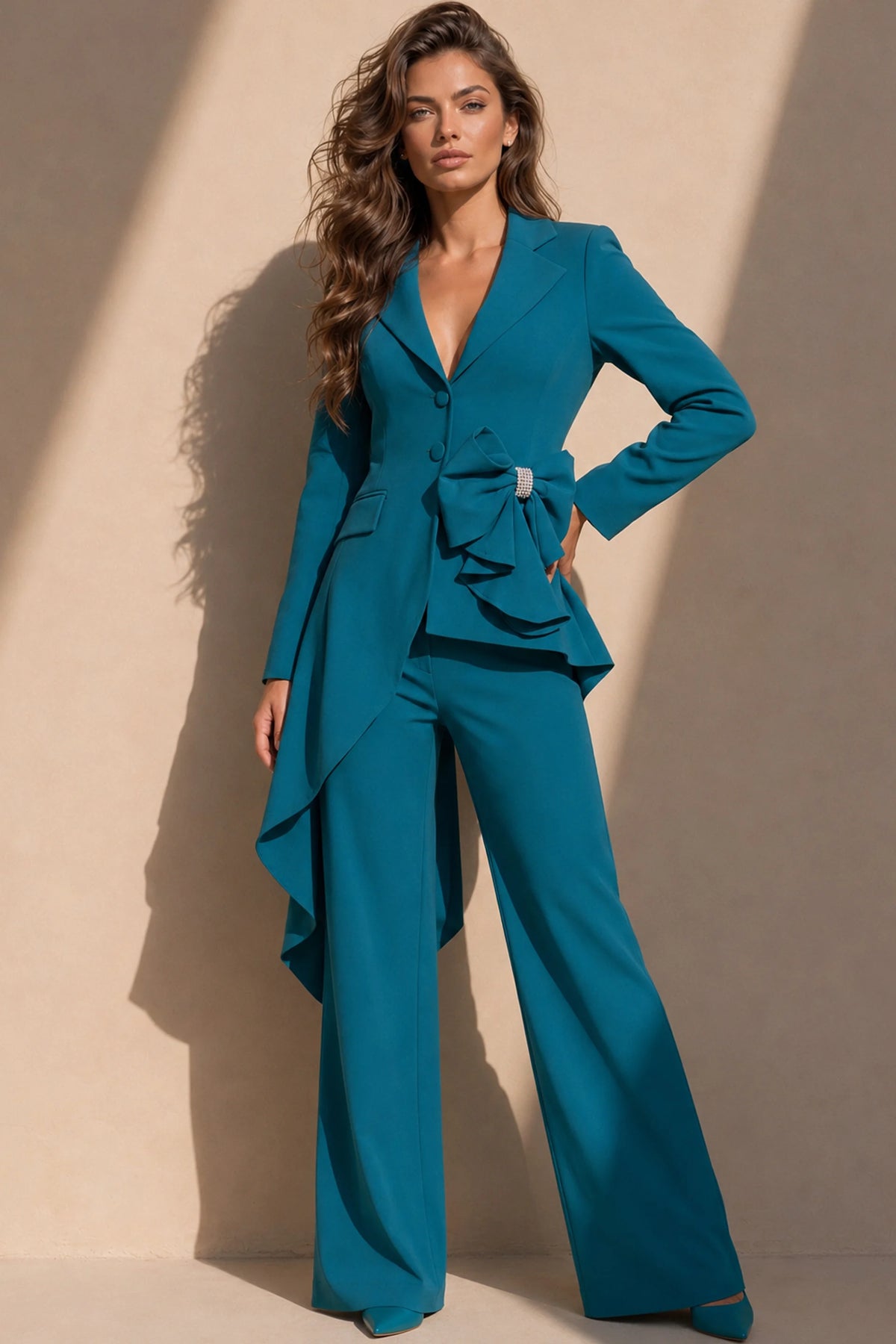 Jovani 39516 - Collared V-Neck Long Sleeve Pantsuit