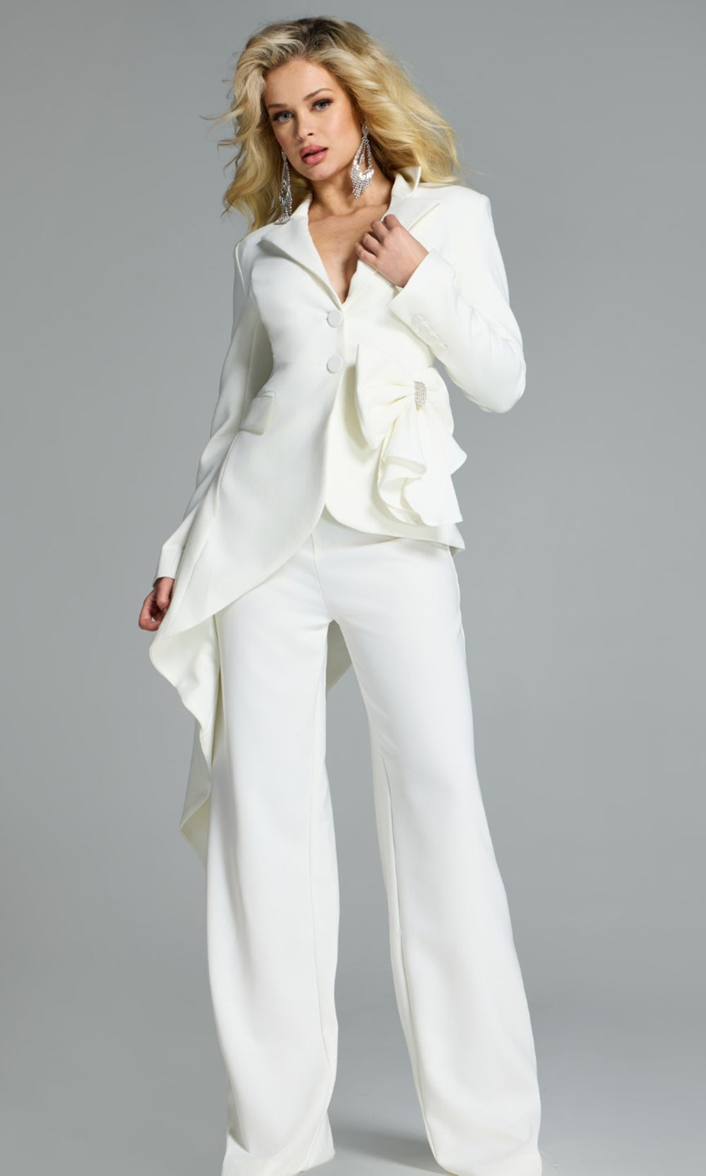 Jovani 39516 - Asymmetrical Blazer Top V-Neckline Pantsuit Special Occasion Dress In White