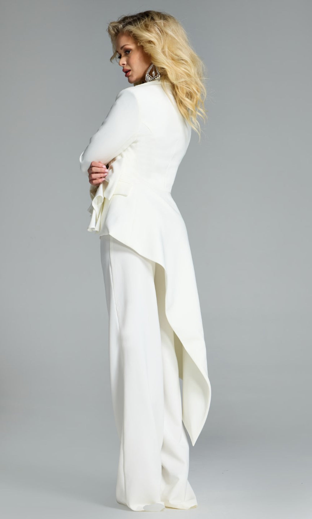 Jovani 39516 - Asymmetrical Blazer Top V-Neckline Pantsuit Special Occasion Dress In White