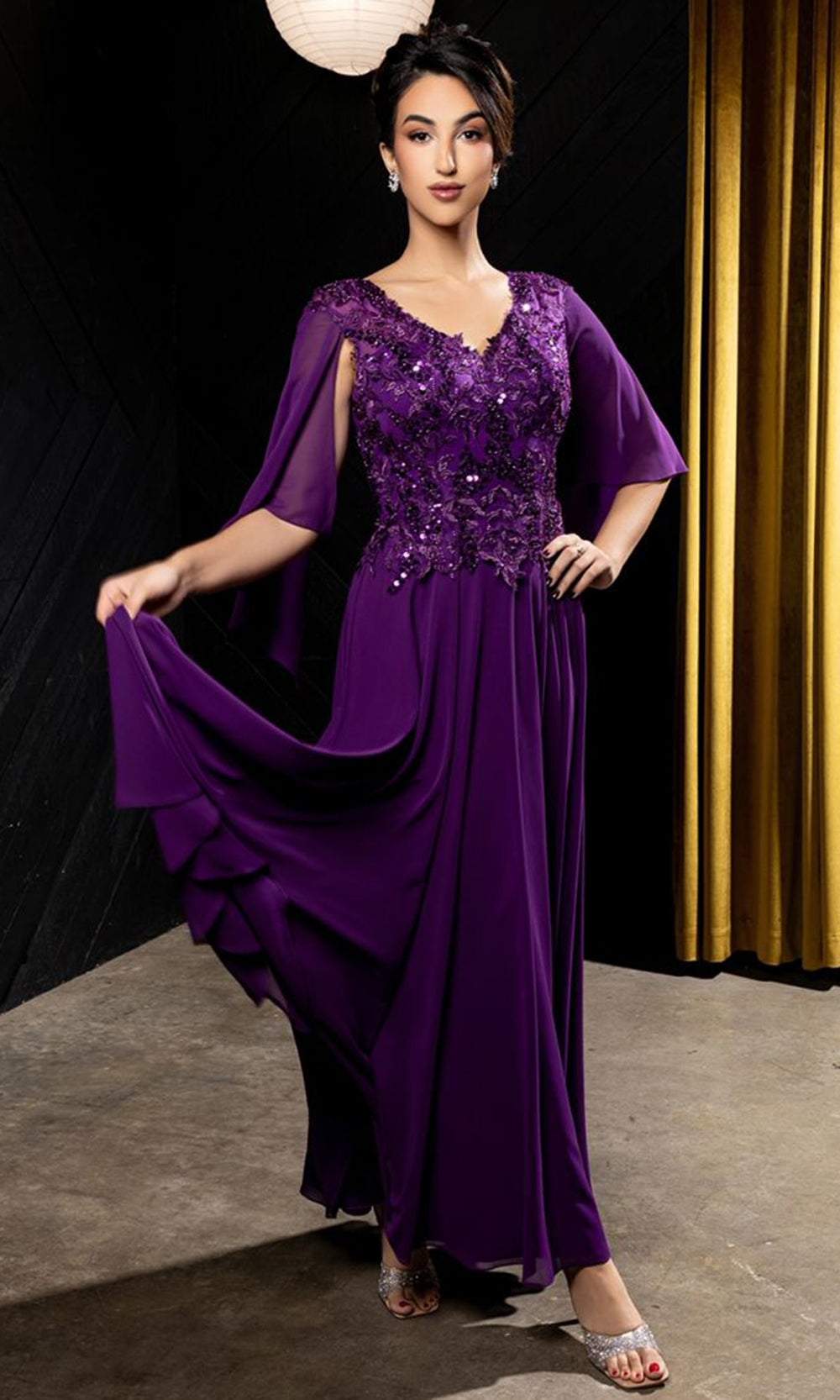 May Queen MQ2233 - V Neck Embroidered Evening Dress Mother Of The Bride Dresses in Purple 