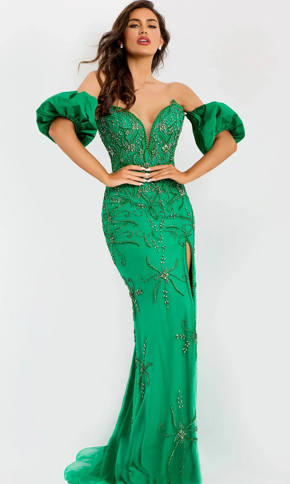 Jovani 39615 - Beaded Detail Plunging High Slit Gown Prom Dresses  in Green  