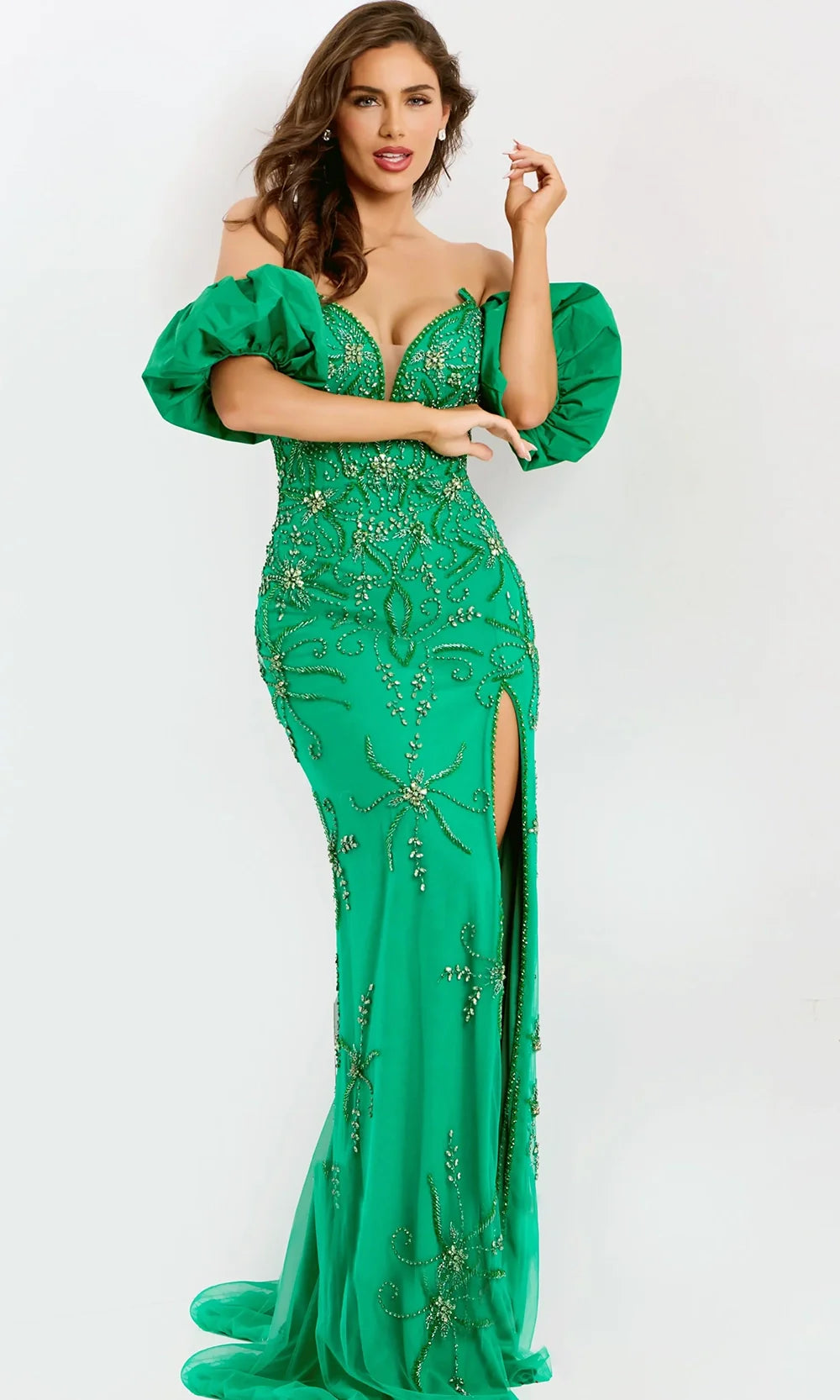 Jovani 39615 - Beaded Detail Plunging High Slit Gown Prom Dresses  in Green  