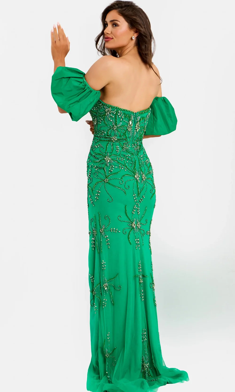Jovani 39615 - Beaded Detail Plunging High Slit Gown Prom Dresses  in Green  