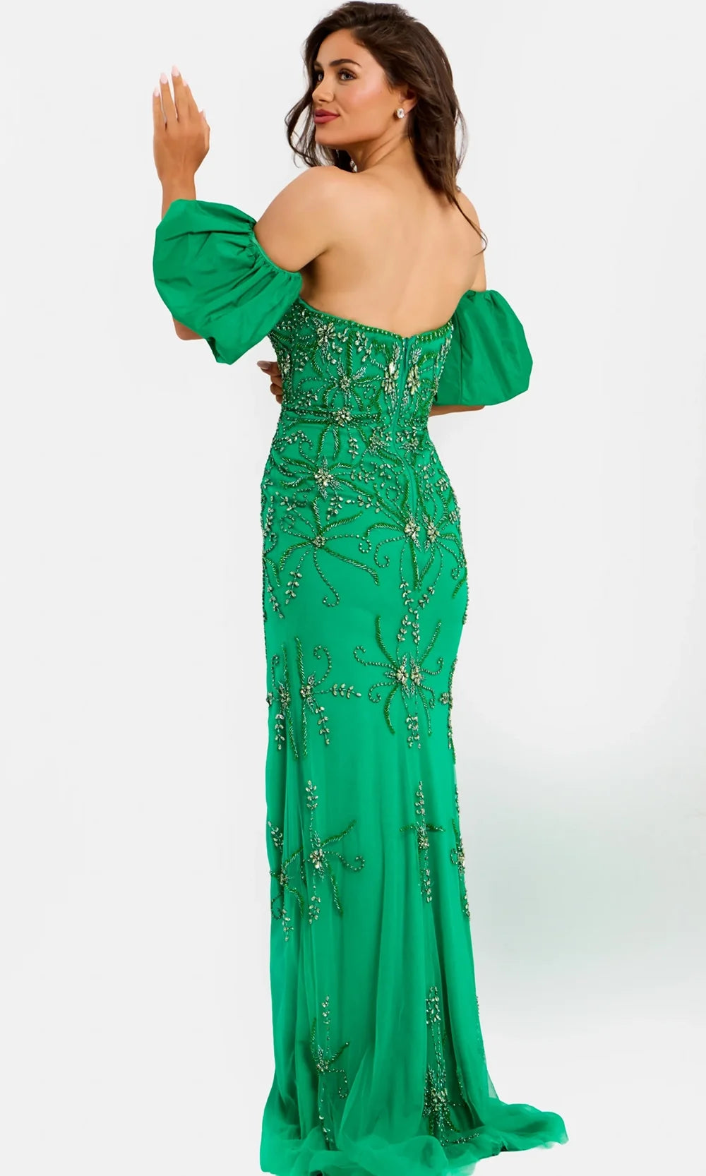 Jovani 39615 - Beaded Column Gown with Puff Sleeves Special Occasion Dress In Green