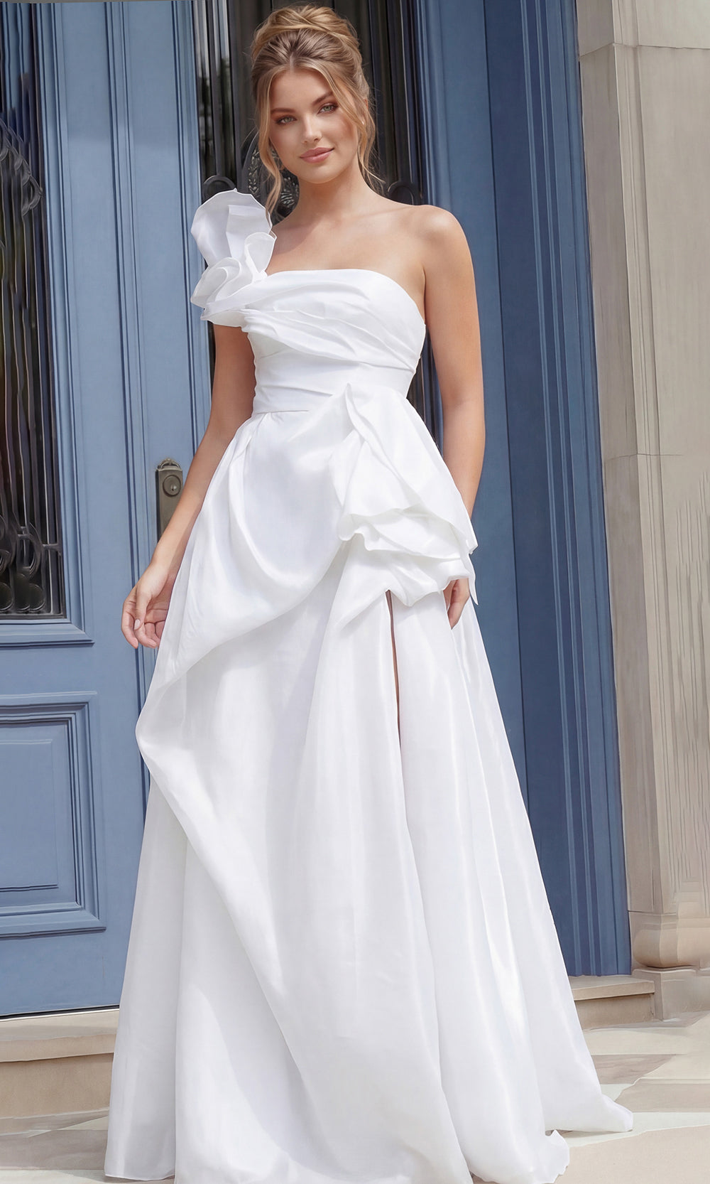 Jovani 39796 - Ruffled Accent Asymmetric Neck Bridal Gown Special Occasion Dress In White