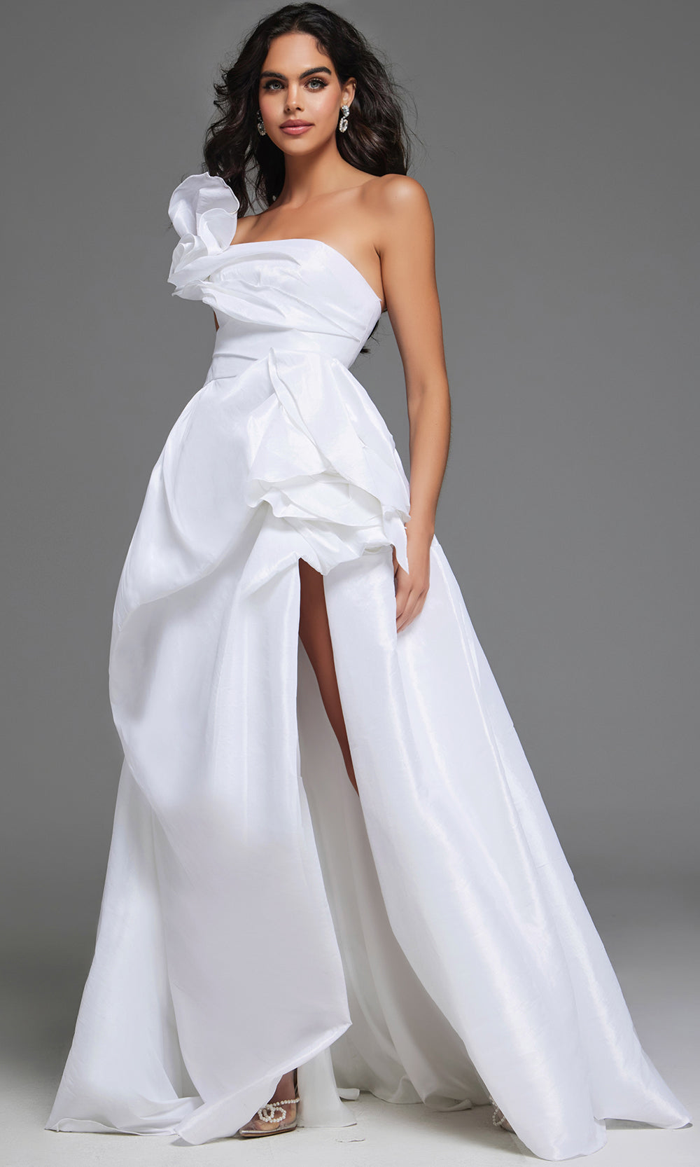 Jovani 39796 - Ruffled Accent Asymmetric Neck Bridal Gown Special Occasion Dress In White