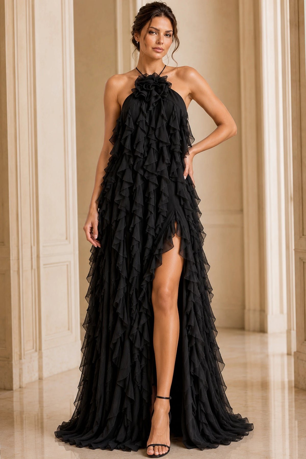 Jovani 39823 - Cascading Ruffle A-line Evening Gown