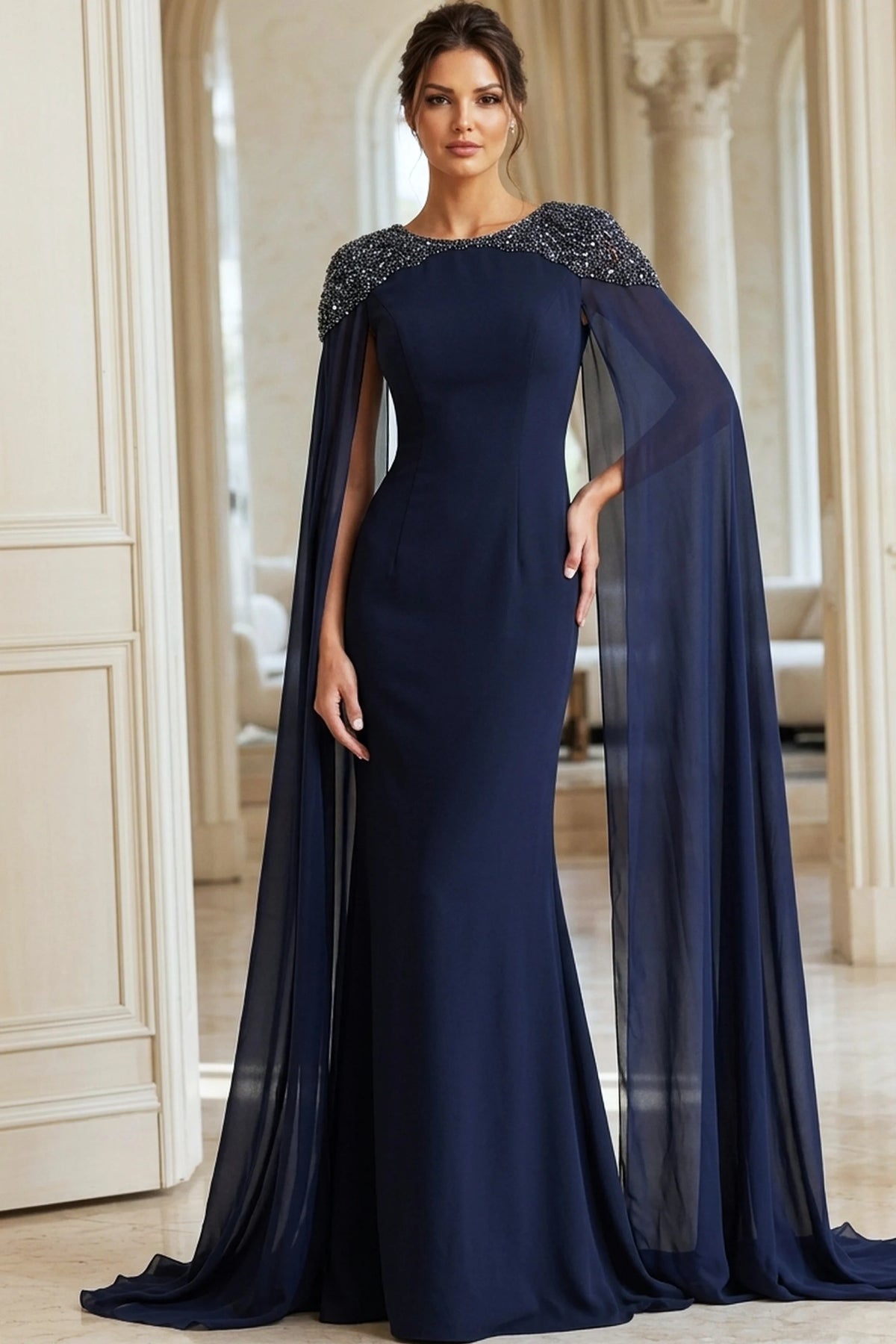 Jovani 40000 - Jewel Neck Fitted Gown with Cape