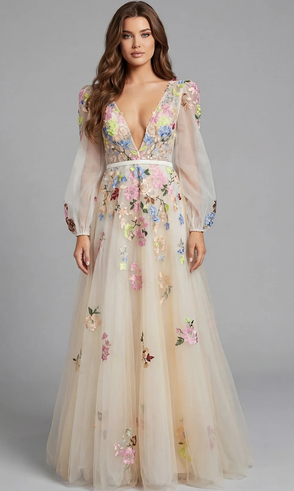 Jovani 40027 - Long Sleeve V-Neck Embroidered Gown Formal Gowns  in Nude Multi 