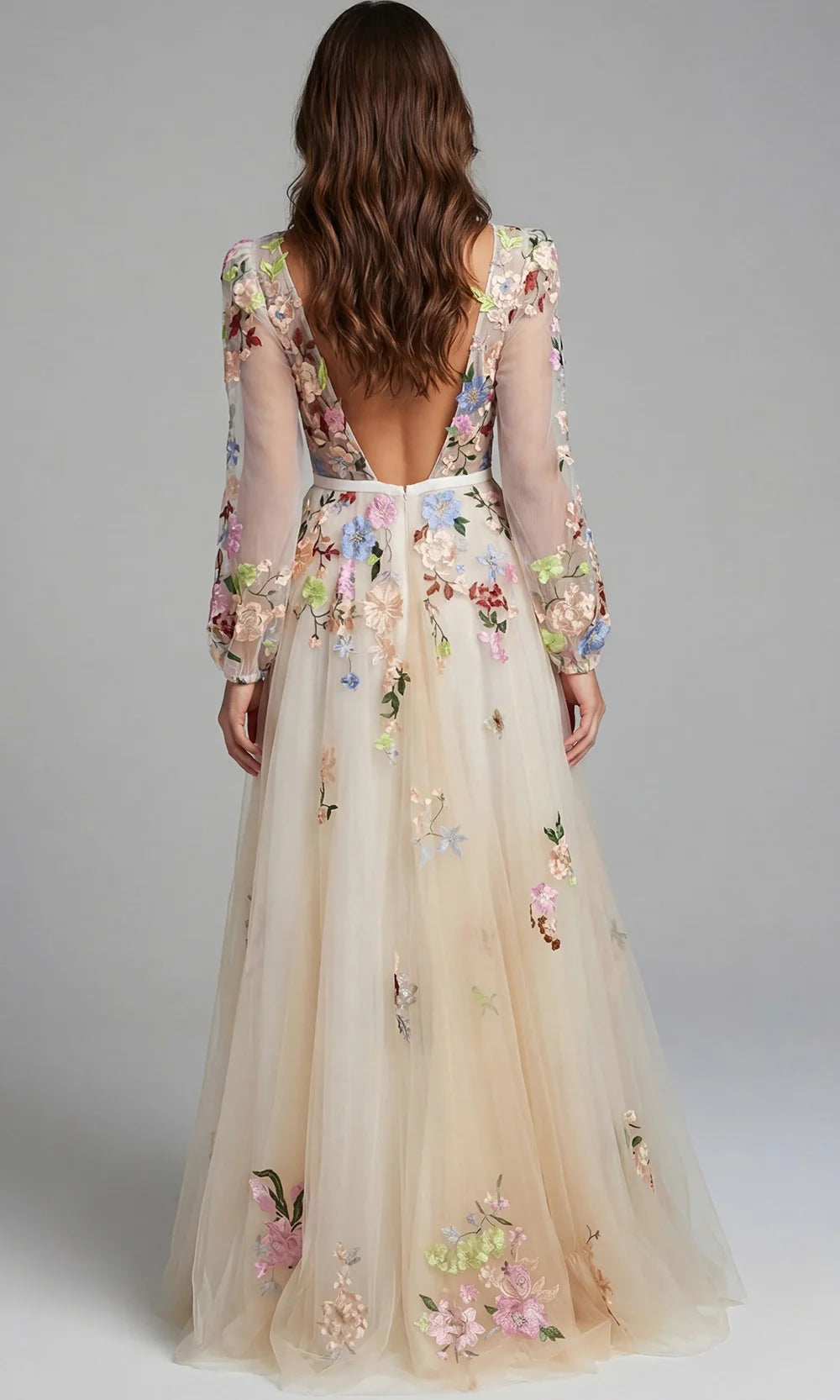 Jovani 40027 - Long Sleeve V-Neck Embroidered Gown Formal Gowns  in Nude Multi 