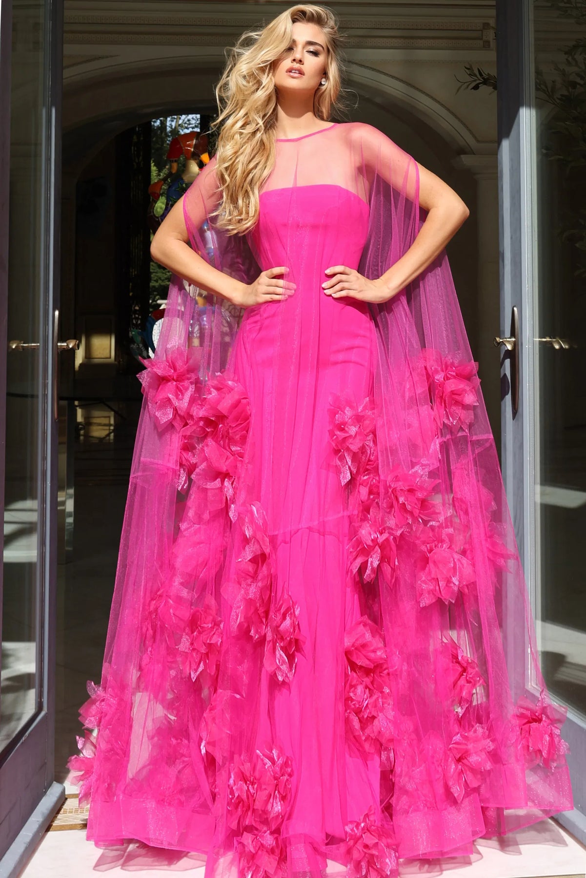 Jovani 40092 - Straight Across Appliqued Evening Gown