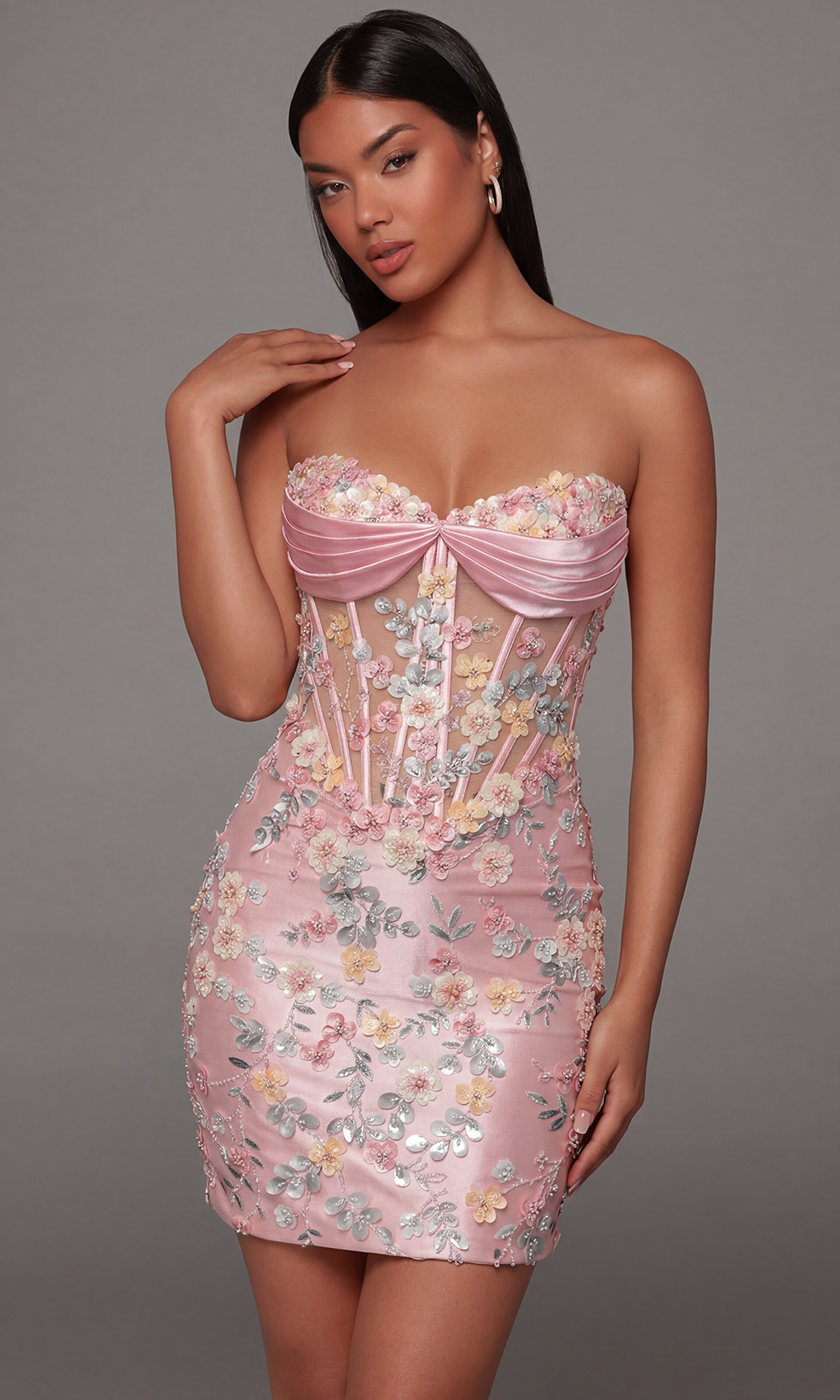 Alyce Paris 40139 - Illusion Corset Sheath Dress with Floral Appliques Special Occasion Dress in Pink  