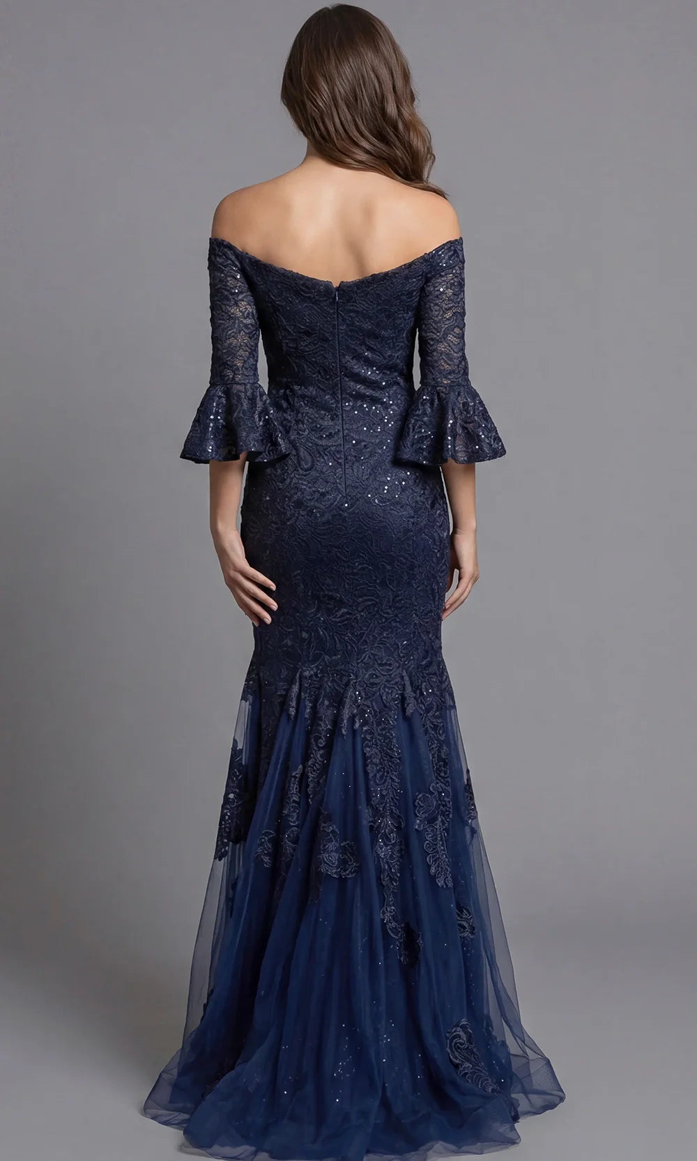 Jovani 40155 - Straight Off Shoulder Lace Evening Gown Mother of the Bride Dresses  in Navy  