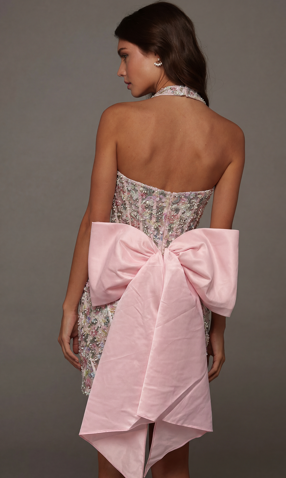 Alyce Paris 40165 - Oversized Bow Halter Neck Floral Dress Special Occasion Dress in Pink  