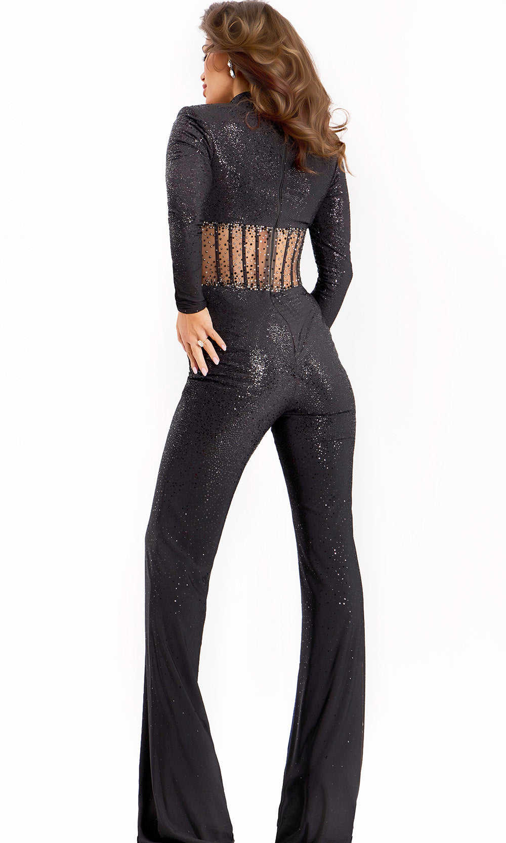 Jovani 40183 - Embellished Illusion Waist High Neck Jumpsuit Special Occasion Dress In Black