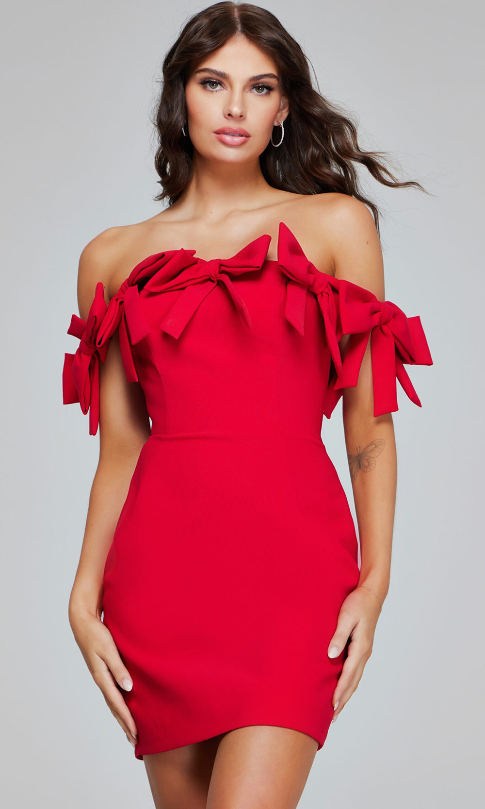 Jovani 40185 - Off Shoulder Bow Detail Mini Dress