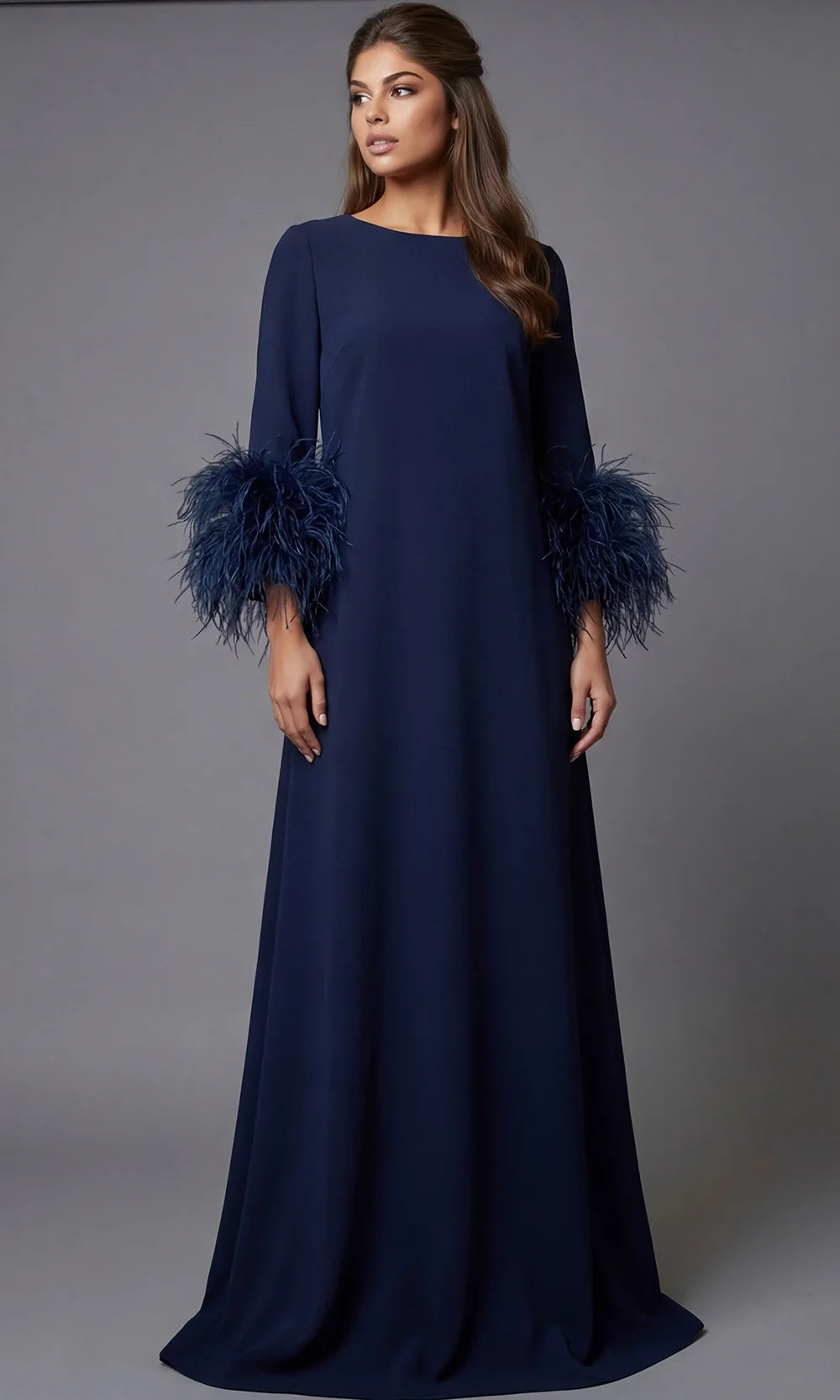 Jovani 40200 - Long Sleeve Feather Cuff Evening Gown Special Occasion Dress In Navy