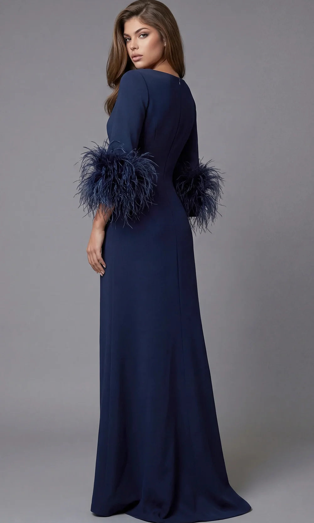 Jovani 40200 - A-Line Crepe Gown With Feather Cuffs Mother of the Bride Dresses  in Navy  