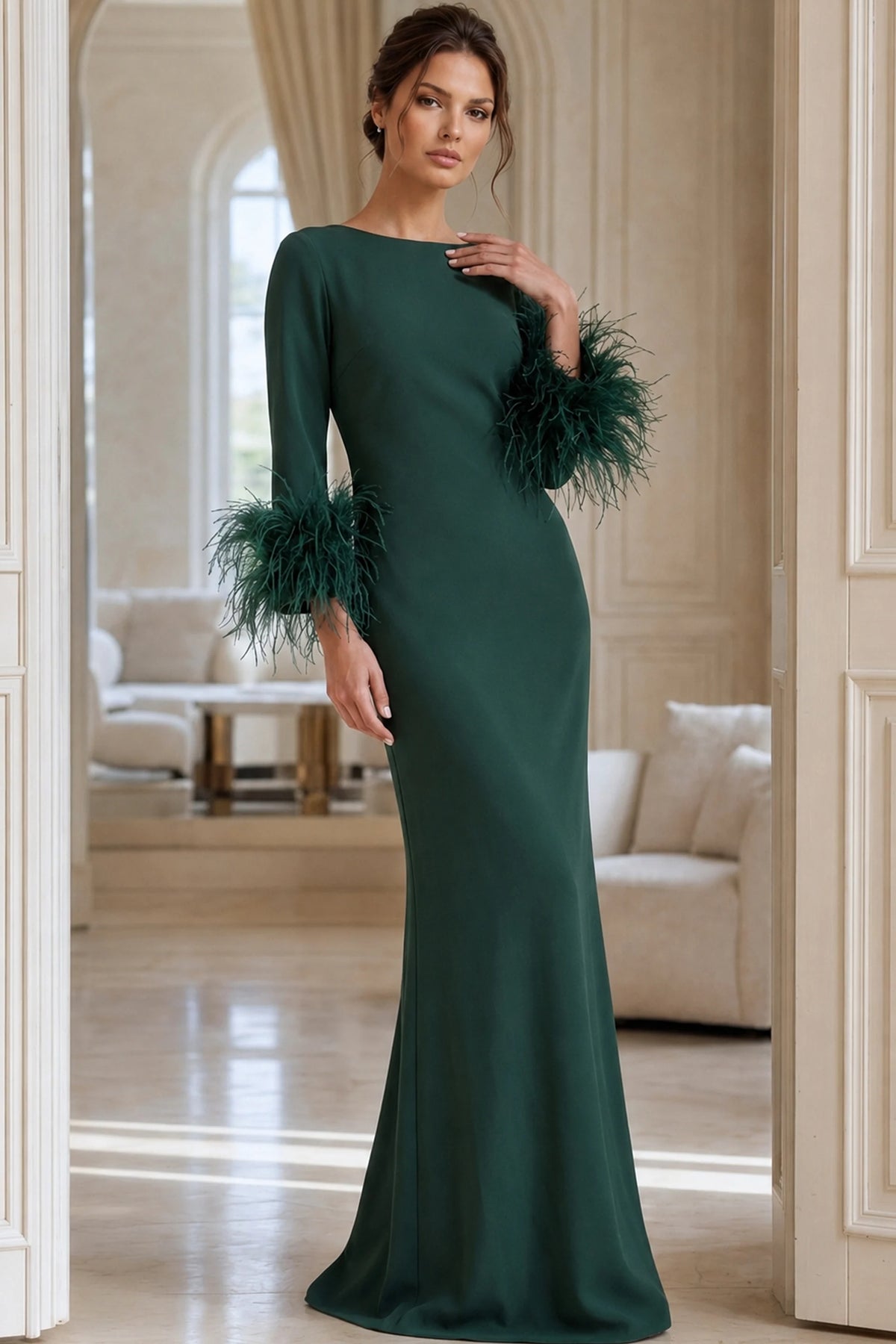 Jovani 40200 - A-Line Crepe Gown With Feather Cuffs