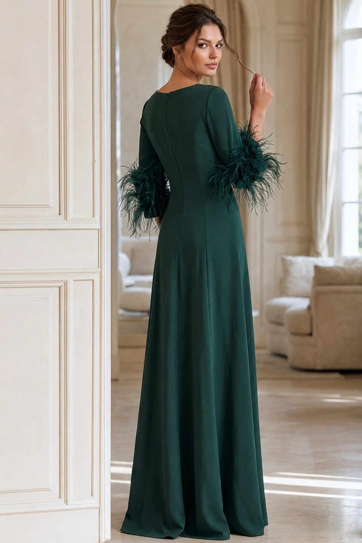 Jovani 40200 - A-Line Crepe Gown With Feather Cuffs