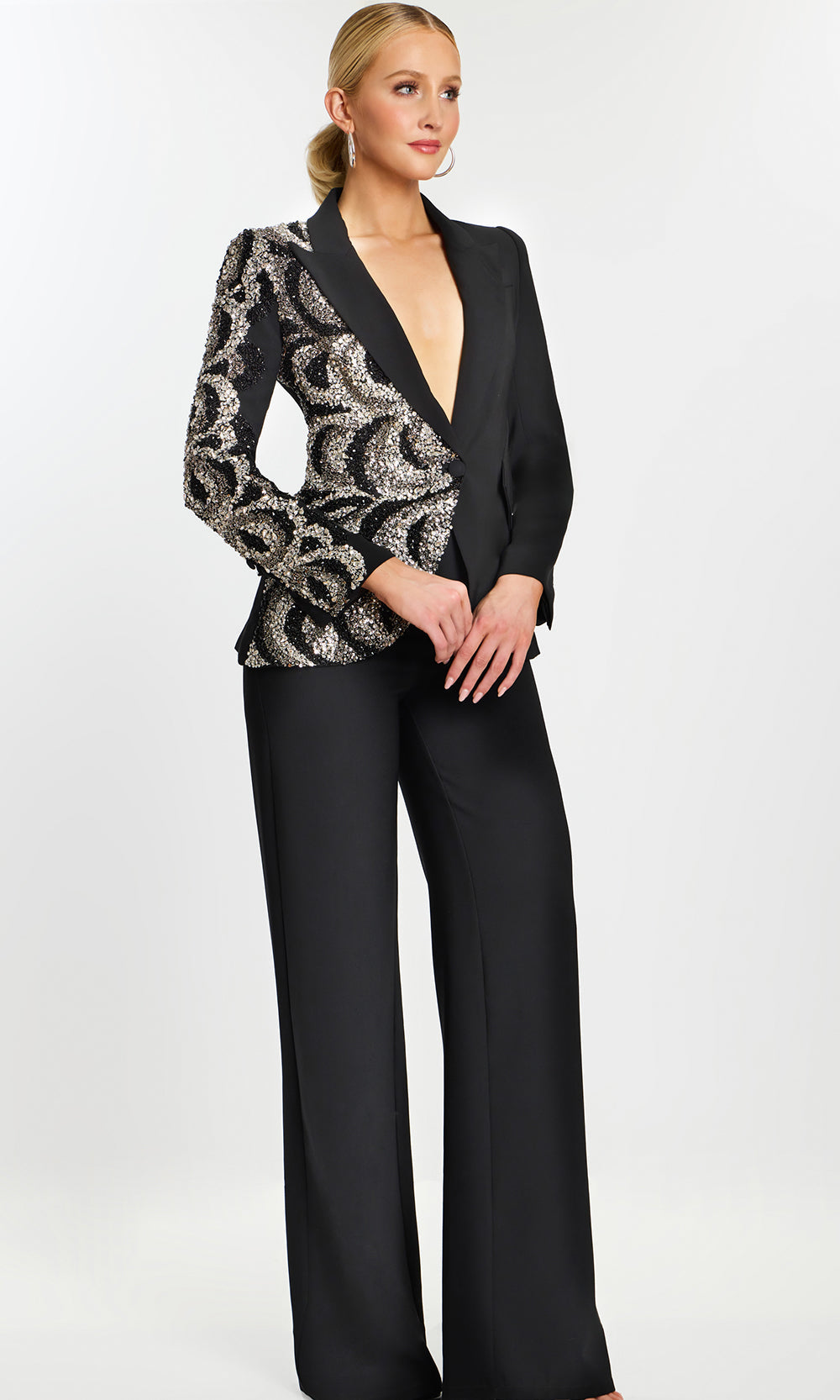 Jovani 40207 - V-Neck Long Sleeve Pantsuit with Sequin Detail Formal Gowns  in Black  