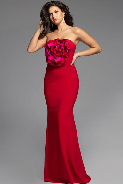 Jovani 40214 - Straight Neckline Fitted Dress with Floral Detail Prom Dresses in Red and Pink