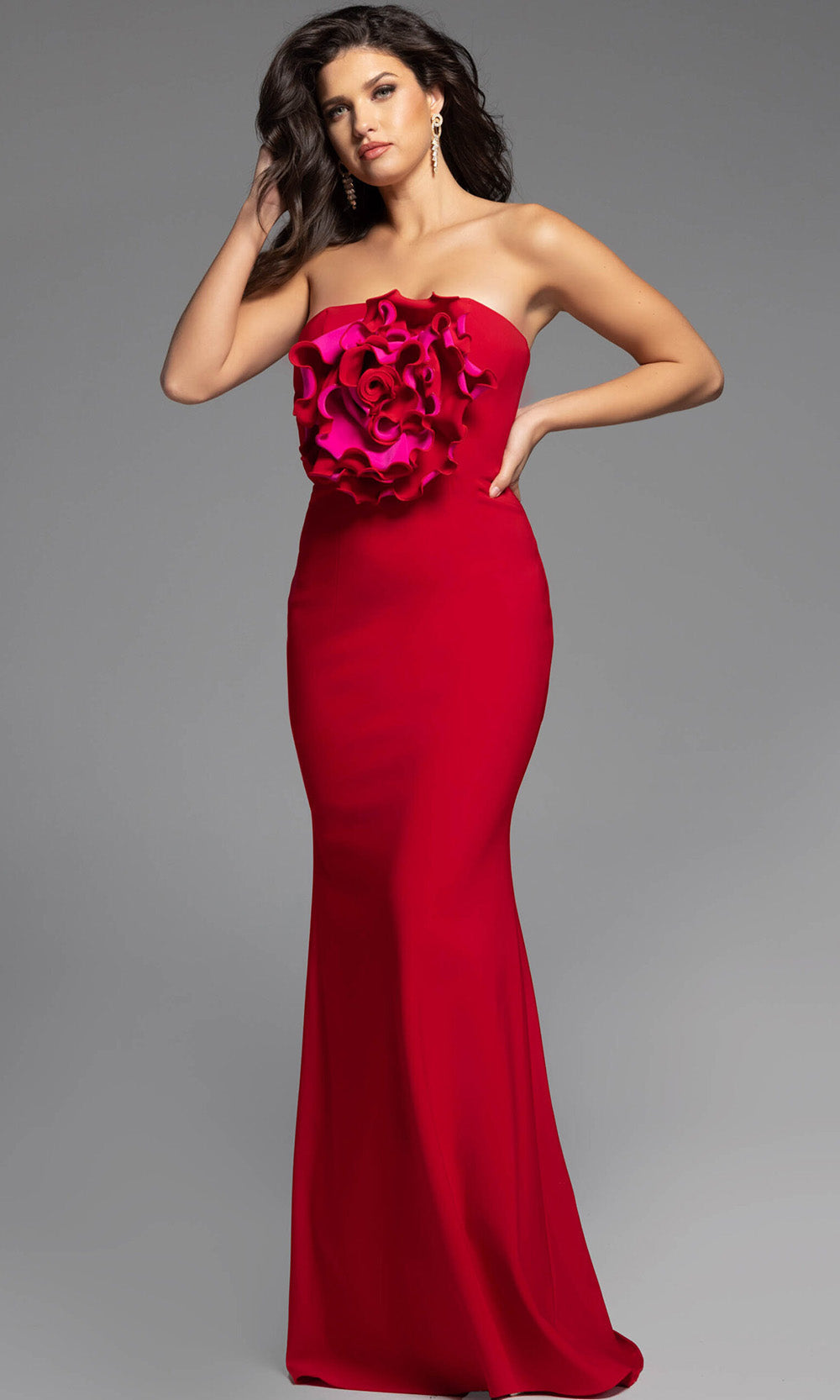 Jovani 40214 - Straight Neckline Fitted Dress with Floral Detail