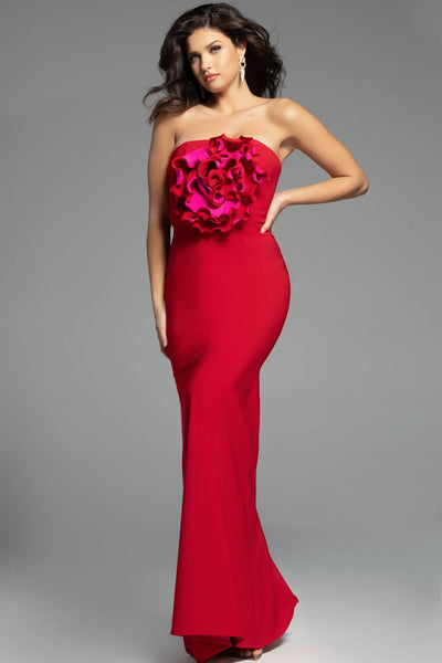 Jovani 40214 - Straight Neckline Fitted Dress with Floral Detail Prom Dresses in Red and Pink
