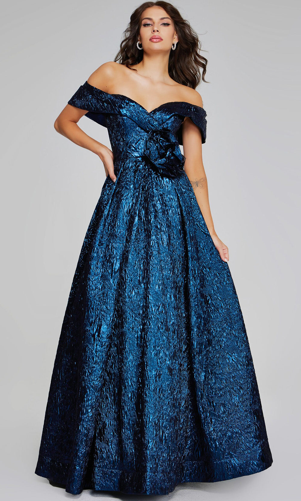 Jovani 40288 - Floral Waist Metallic A-line Evening Gown Prom Dresses